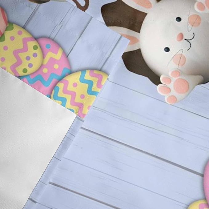 Blue Easter Curtain Valances for Windows, Kitchen Valance Window Treatment, Spring Cartoon Bunny Colorful Eggs Wood Grain Light Filtering Block Curtains for Bathroom/Bedroom/Living Room 42'' x 12''
