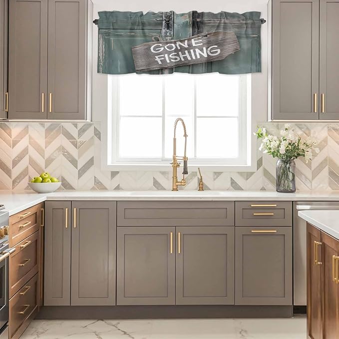 Gone Fishing Valances for Windows, Bronze Wood Grain Kitchen Valance Light Filtering Rod Pocket Short Curtains for Kitchen Bathroom, 1 Panel, 60"x14"