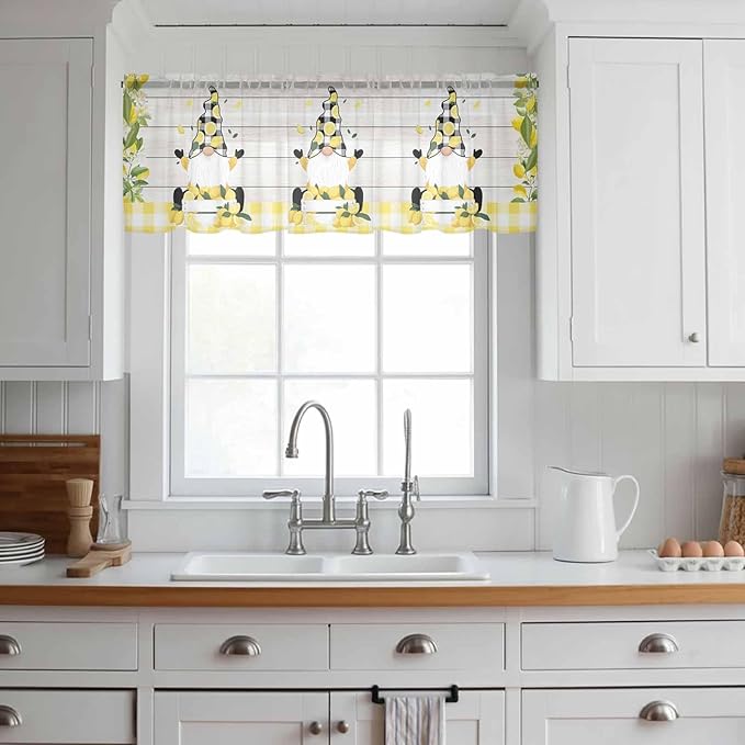 Lemon Dwarfs Sheer Valance Curtains, Gnome Green Leaf Wood Striped Black Plaid Light Filtering Kitchen Valances Rod Pocket Voile Curtain Window Treatment for Bedroom/Living Room/Basement 54Wx18L