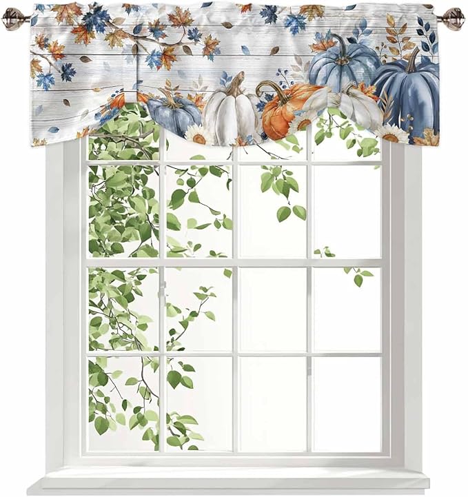 Thanksgiving Pumpkin Tie Up Valance Curtains for Windows, Kitchen Curtains Window Shades, Fall Maple Leaf Daisy Wooden Grain Light Filter Roman Curtain Valances for Bedroom/Bathroom/Cafe 42'' x 18''