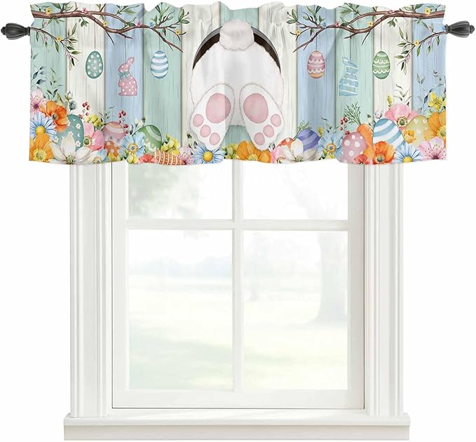 Easter Curtain Valances for Windows, Kitchen Valance Window Treatment, Spring Watercolor Bunny Eggs Wood Grain Teal Blue Light Filtering Block Curtains for Bathroom/Bedroom/Living Room 42'' x 18''