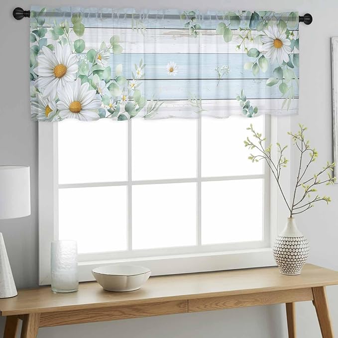 Daisy Eucalyptus Leaves Sheer Valance Curtains, Blue Wood Grain Spring Countryside Light Filtering Kitchen Valances Rod Pocket Voile Curtain Window Treatment for Bedroom/Living Room/Basement 42Wx12L