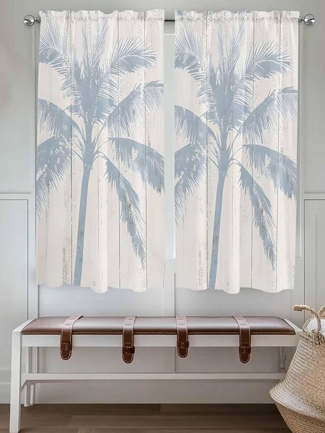 Summer Coconut Tree on Vintage Wood Grain Window Valance Curtains, Seaside Plants Light Filtering Kitchen Valance with 3-inch Rod Pocket for Living Room Bathroom Bedroom,2 Panel,52x72In