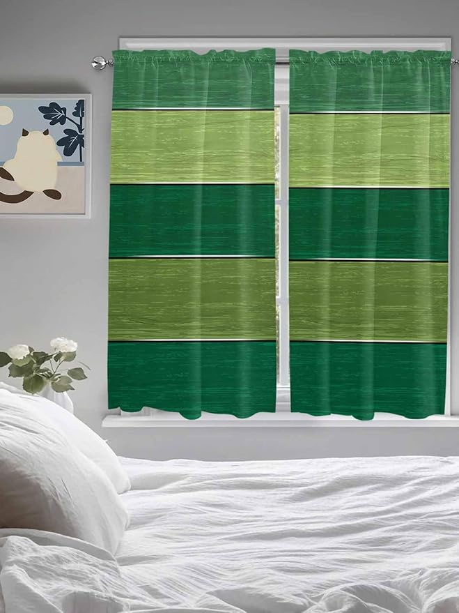 Farm Retro Green Wood Grain Window Valance Curtains, Rustic Wooden Plank Texture Light Filtering Kitchen Valance with 3-inch Rod Pocket for Living Room Bathroom Bedroom,2 Panel,42x63In