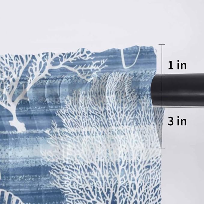 Navy Blue Retro Summer Sheer Valance Curtains, Sea Turtle Starfish Coral Ocean Light Filtering Kitchen Valances Rod Pocket Voile Curtain Window Treatment for Bedroom/Living Room/Basement 42Wx18L