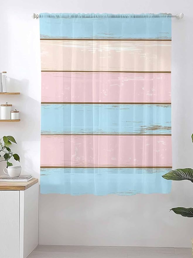 Sheer Curtains 72 Inches Long, Pink Blue Wood Grain Semi Sheer Curtains Light Filtering Window Treatment, Farmhouse Country Shabby Striped Privacy Voile Drapes for Living Room Bedroom 52x72 Inch