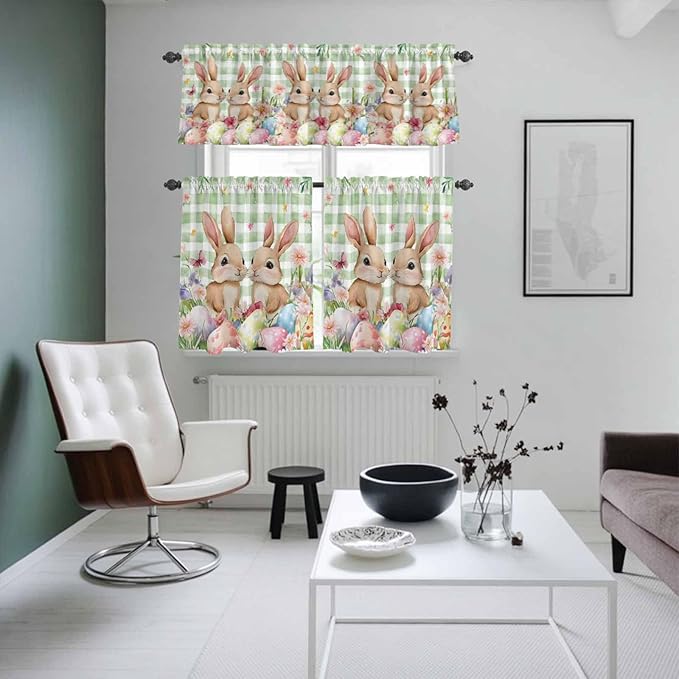 Easter Kitchen Curtains Set 3 Piece for Windows, Rod Pocket Valance and Tier Set 36 Inch Length, Spring Rabbit Eggs Flower Butterfly Green Plaid Light Filtering Cafe Curtains for Living Room Bathroom