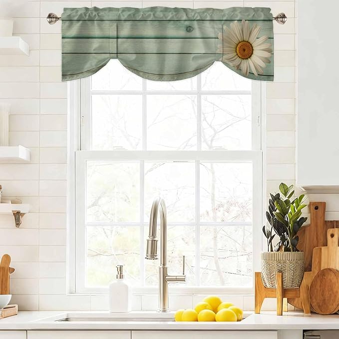 Daisy Flower Tie Up Valance Curtains for Windows, Kitchen Curtains Window Shades, Modern Art Floral Farmhouse Teal Wooden Grain Light Filtering Roman Curtain Valances for Bedroom/Bathroom/Cafe 60"x18"