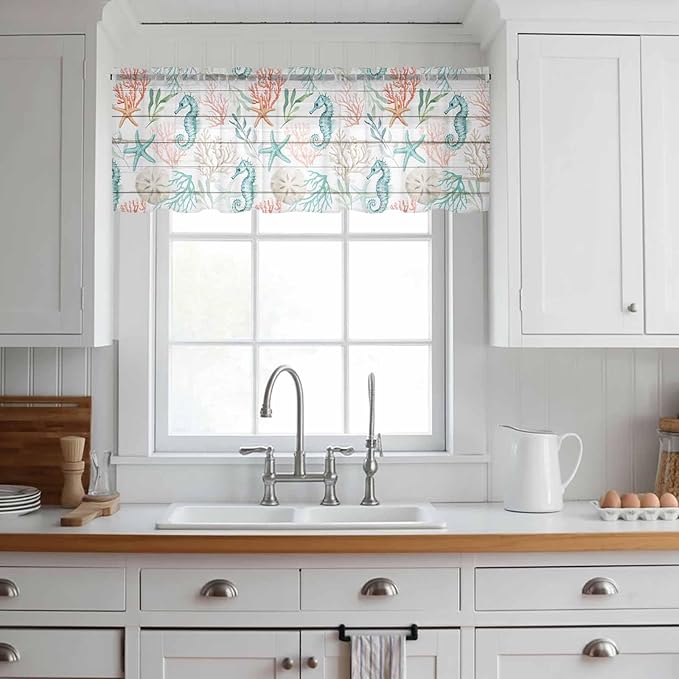 Teal Seahorse Starfish Sheer Valance Curtains, Summer Beach Coral Shell Board Light Filtering Kitchen Valances Rod Pocket Voile Curtain Window Treatment for Bedroom/Living Room/Basement 42Wx18L