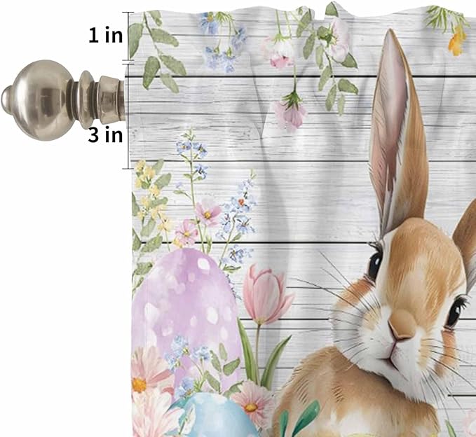 Kitchen Curtains Tiers and Valance Set of 3, Easter Light Filtering Window Curtain Set, Rustic Spring Bunny Eggs Botanical Grey Wooden Rod Pocket Curtain Drapes for Cafe, Living Room, 36 Inches Tiers