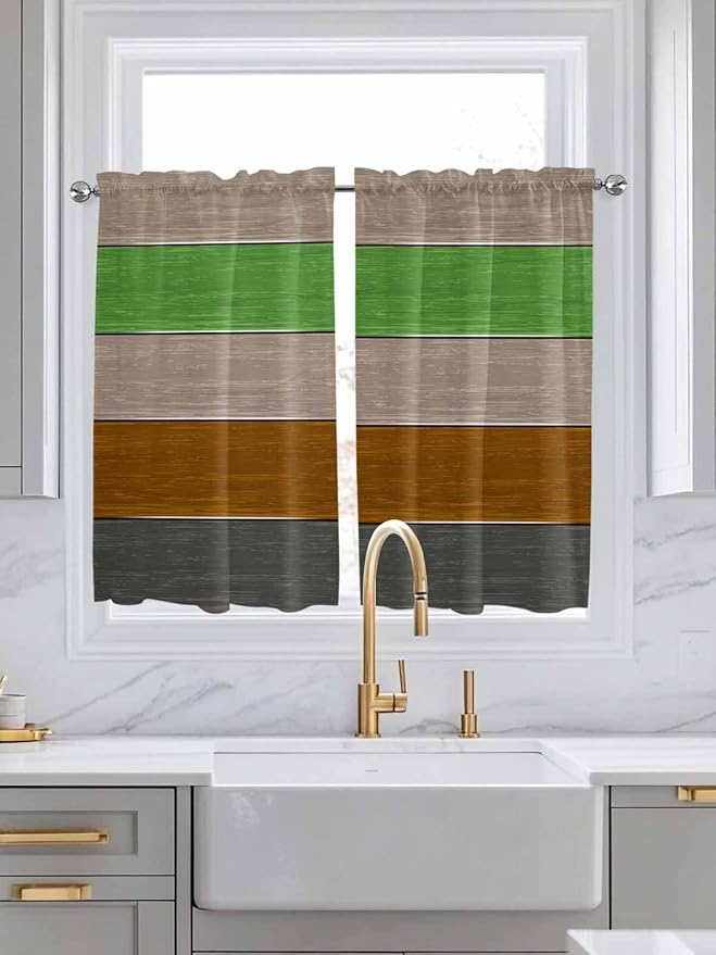 Farm Gray Green Brown Wood Grain Window Valance Curtains, Rustic Wooden Plank Light Filtering Kitchen Valance with 3-inch Rod Pocket for Living Room Bathroom Bedroom,2 Panel,42x45In