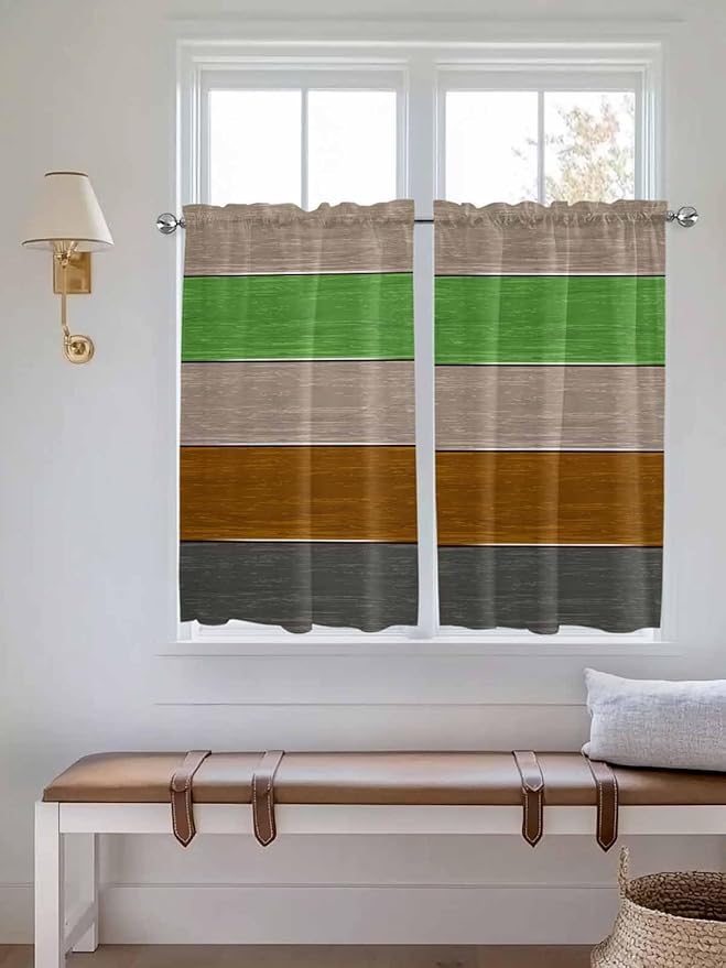 Farm Gray Green Brown Wood Grain Window Valance Curtains, Rustic Wooden Plank Light Filtering Kitchen Valance with 3-inch Rod Pocket for Living Room Bathroom Bedroom,2 Panel,27.5x45In
