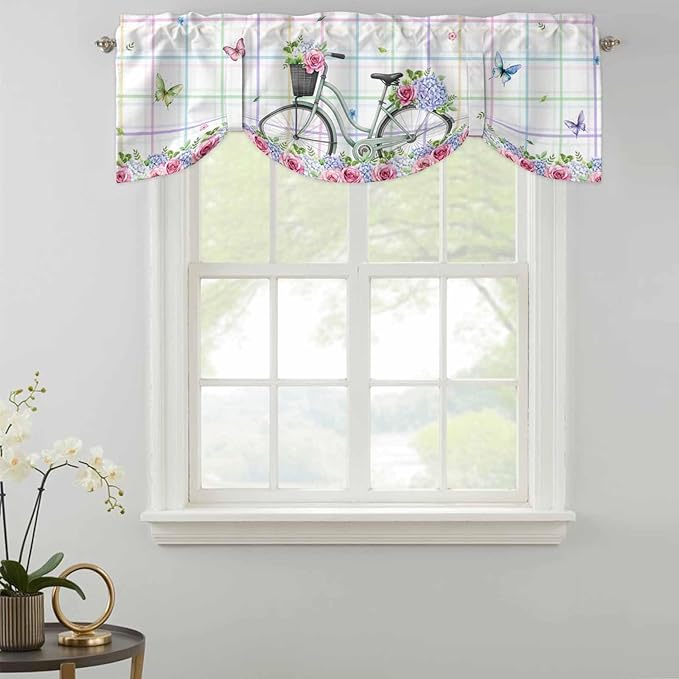 Spring Tie Up Valance Curtains for Windows, Kitchen Curtains Window Shades, Bicycles Botanical Leaves Rose Colorful Stripes Light Filtering Roman Curtain Valances for Bedroom/Bathroom/Cafe 60"x18"