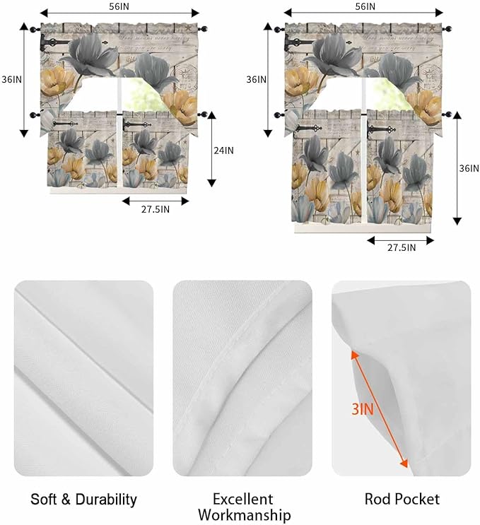 Vintage Tulip Swag Kitchen Curtains Valance and Tier Set, Farmhouse Retro Blue Yellow Grey Flower Barn Door Light-Filtering Swag Valance 36 Inch Length, Rod Pocket Short Curtain for Bedroom Cafe