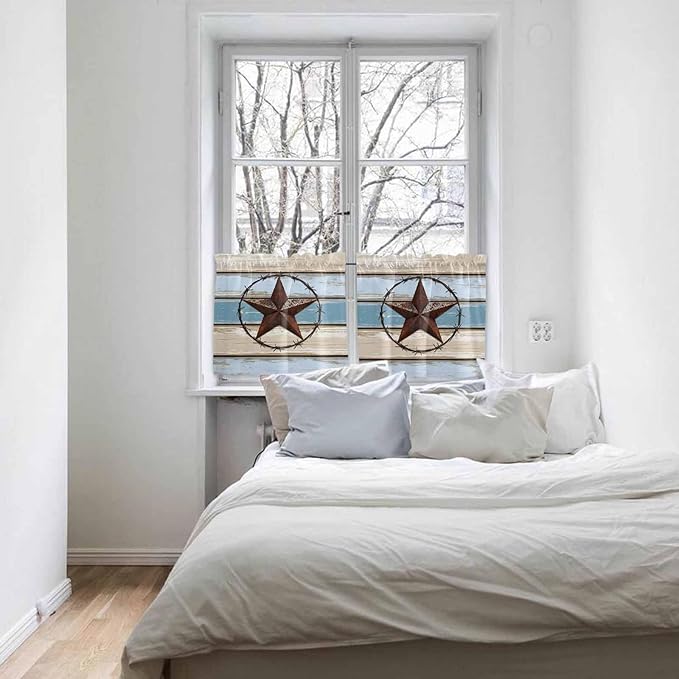 Vintage Western Star on Wood Grain Window Valance Curtains, Retro Wooden Texture Light Filtering Kitchen Valance with 3-inch Rod Pocket for Living Room Bathroom Bedroom,2 Panel,27.5x24In
