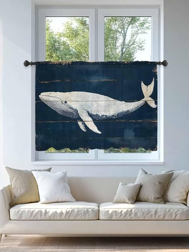 Sheer Curtains 45 Inch Length, Ocean Whale Blue Semi Sheer Curtains Light Filtering Window Treatment, Watercolor Coastal Vintage Wood Grain Privacy Voile Drapes for Living Room Bedroom 52x45 Inch