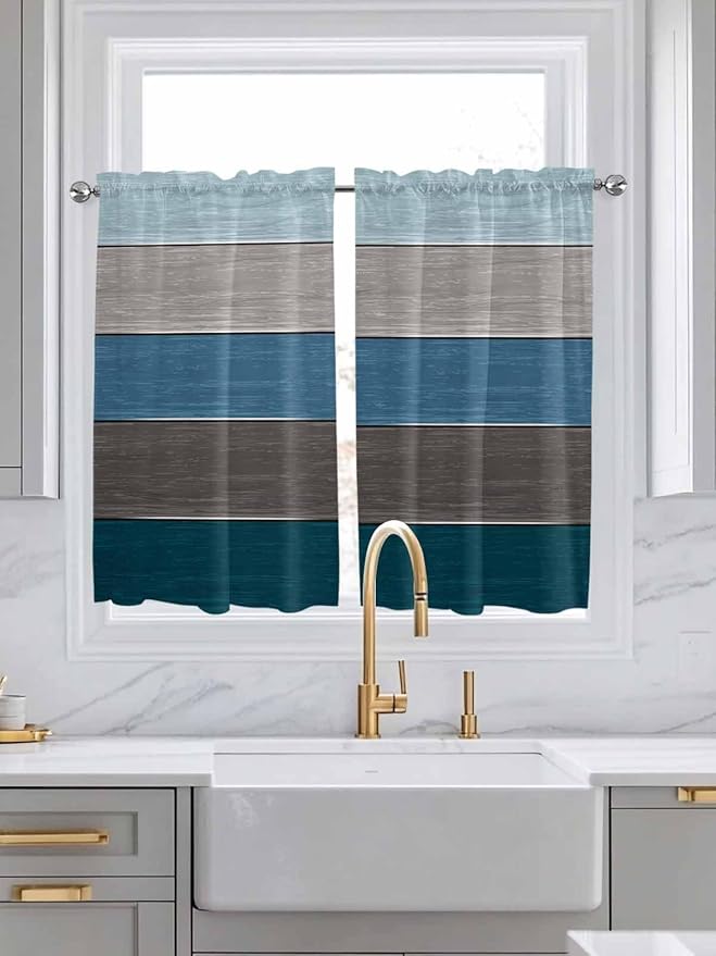 Retro Farm Blue Gray Wood Grain Window Valance Curtains, Rustic Wooden Plank Light Filtering Kitchen Valance with 3-inch Rod Pocket for Living Room Bathroom Bedroom,2 Panel,52x45In
