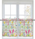 Happy Easter Half Window Curtain 36 Inches Long, Spring Bunny Eggs Flower Sage Green Plaid Window Treatment Curtain Drapes, Small Tier Curtains for Bathroom Over Sink, 27.5"x36", 2 Panels