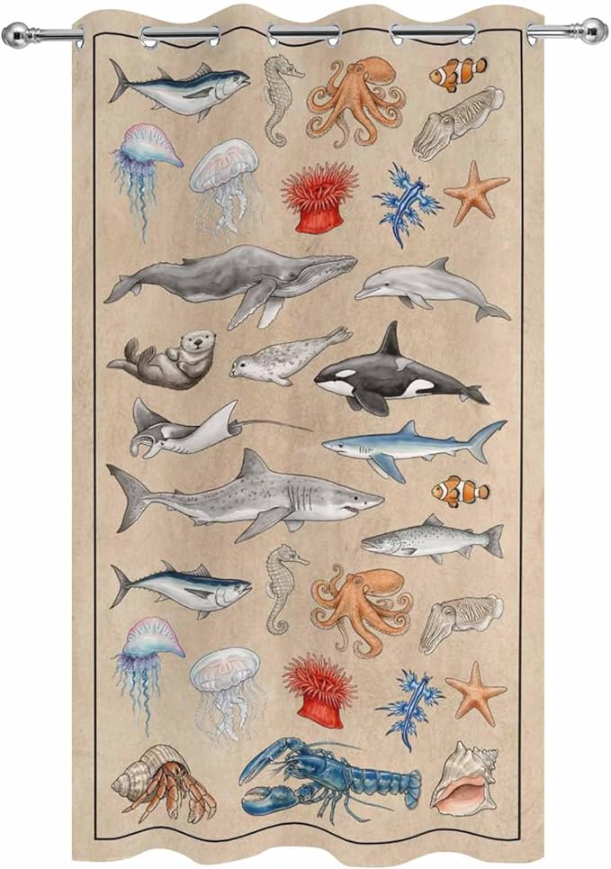 Vintage Outdoor Curtains for Patio Sharks Whales Lobsters Biographies Waterproof Outside Curtains with Grommet Top Weatherproof Curtain for Cabana Pergola Gazebo, 1 Panel, 54" W x 108" L