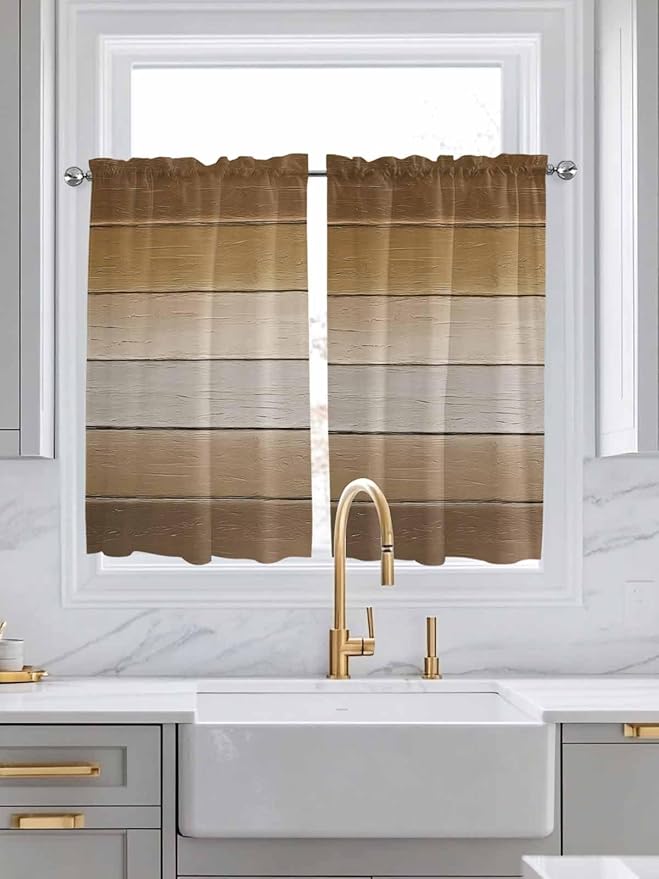 Vintage Brown Gradient Wood Grain Window Valance Curtains, Farmhouse Wood Barn Light Filtering Kitchen Valance with 3-inch Rod Pocket for Living Room Bathroom Bedroom,2 Panel,42x45In