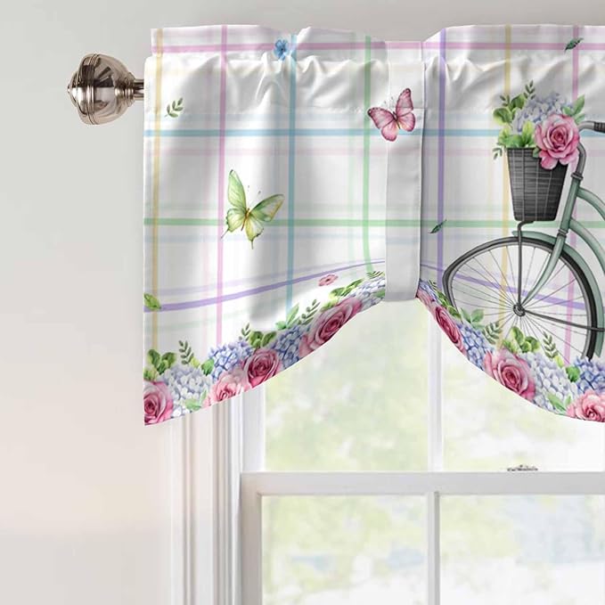 Spring Tie Up Valance Curtains for Windows, Kitchen Curtains Window Shades, Bicycles Botanical Leaves Rose Colorful Stripes Light Filtering Roman Curtain Valances for Bedroom/Bathroom/Cafe 42"x12"