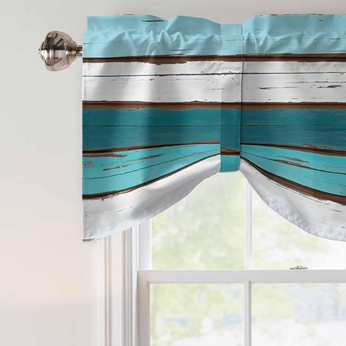 Turquoise Teal Tie Up Valance Curtains for Windows, Kitchen Curtains Window Shades, Farmhouse Retro Ombre Wooden Grain Light Filtering Roman Curtain Valances for Bedroom/Bathroom/Cafe 42"x18"