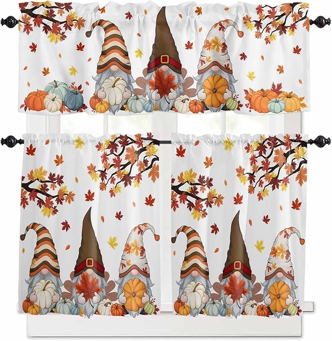 Fall Kitchen Curtain Set, Orange Yellow Thanksgiving Maple Leaf Gnomes Pumpkin Window Valance and Tiers 36" Length, Light Filtering Short Curtains Valance for Cafe Bathroom Bedroom 54"x18"