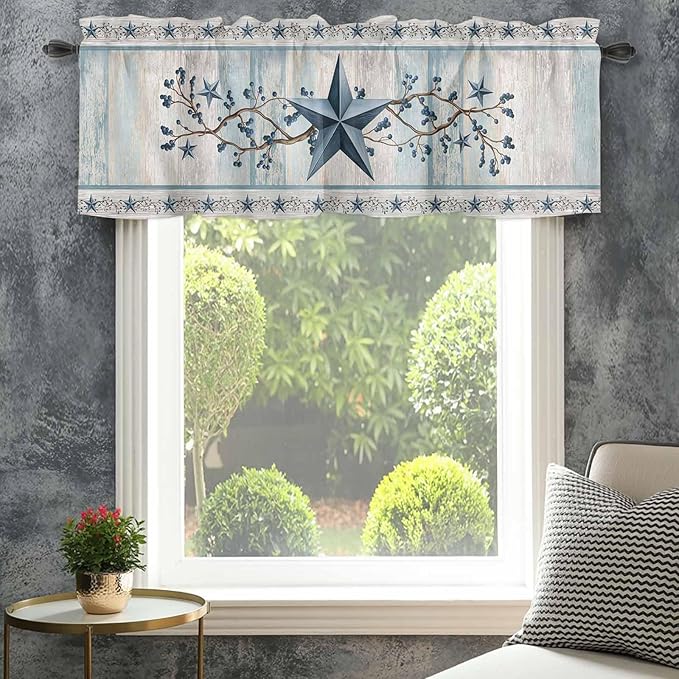 Texas Star Blue Curtain Valances for Windows, Kitchen Valance Window Treatment, Farmhouse Country Branches Wooden Grain Light Filtering Block Curtains for Bathroom/Bedroom/Living Room 42'' x 12''