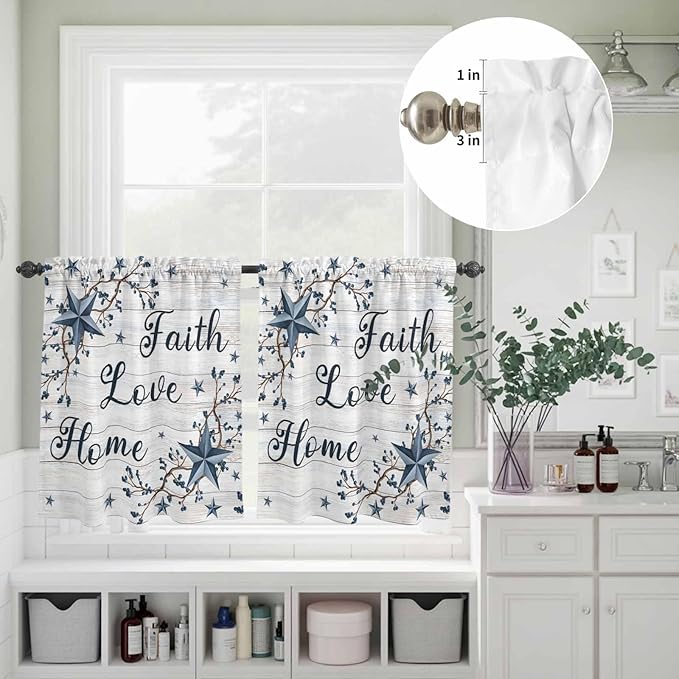 Kitchen Curtains Tiers and Valance Set of 3, Farmhouse Light Filtering Window Curtain Set, Blue Country Texas Star Vintage Berries Wooden Rod Pocket Curtain Drapes for Living Room, 24 Inches Tiers