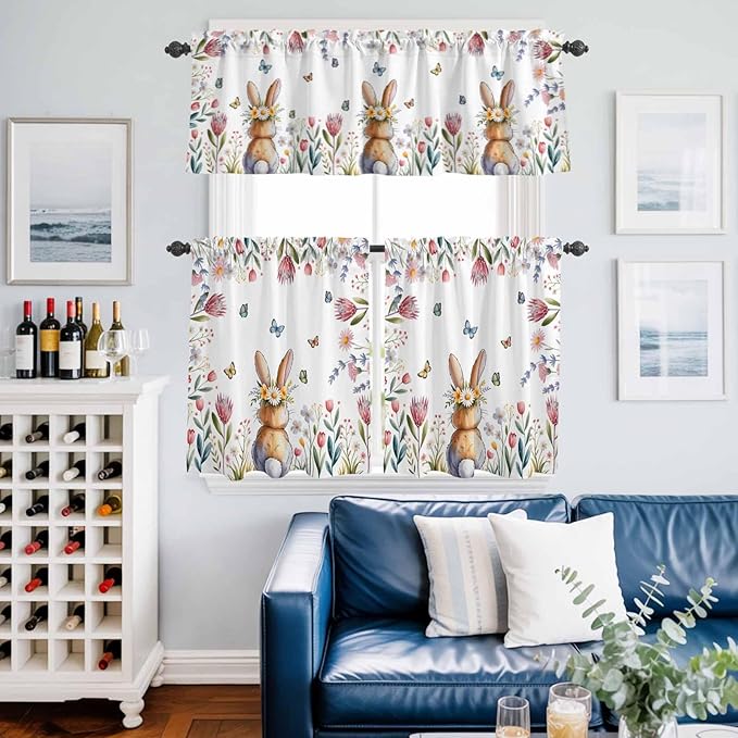Kitchen Curtains Tiers and Valance Set of 3, Easter Light Filtering Window Curtain Set, Spring Flowers Wreath Rabbit Budding Florals Rod Pocket Curtain Drapes for Cafe, Living Room, 36 Inches Tiers