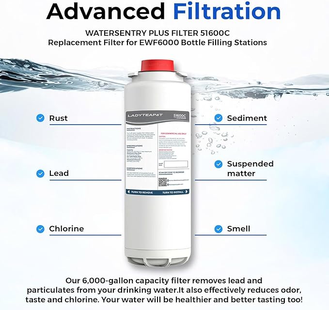 Water Filter Replacement Compatible With Elkay 51600C EWF6000 Bottle Filling Stations, 6000 Gallons/12 Months (No Chip - 2 Pack)