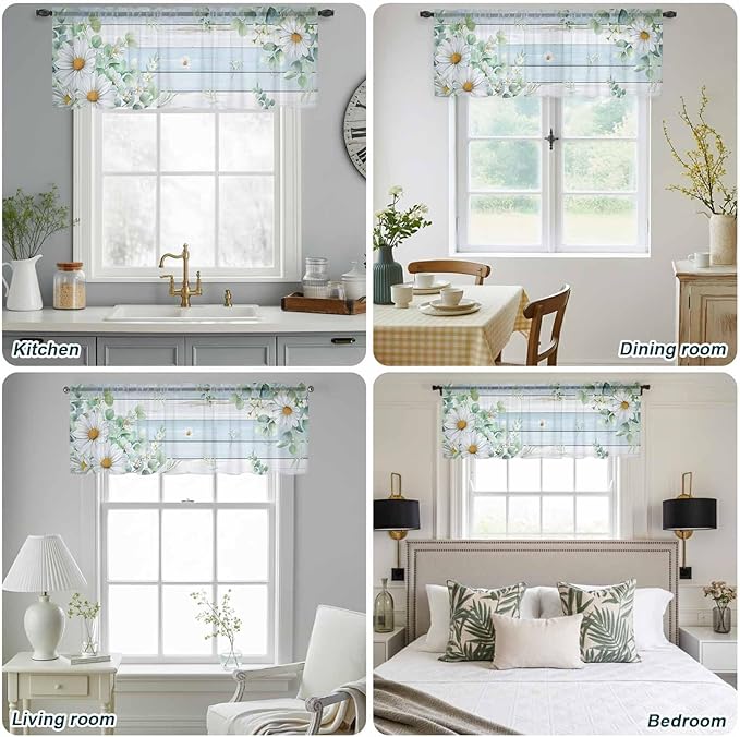 Daisy Eucalyptus Leaves Sheer Valance Curtains, Blue Wood Grain Spring Countryside Light Filtering Kitchen Valances Rod Pocket Voile Curtain Window Treatment for Bedroom/Living Room/Basement 54Wx18L