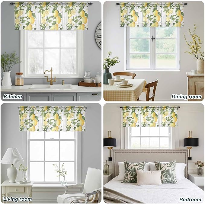 Spring Summer Lemon Sheer Valance Curtains, Leaf Flower White Wood Grain Light Filtering Kitchen Valances Rod Pocket Voile Curtain Window Treatment for Bedroom/Living Room/Basement 54Wx18L