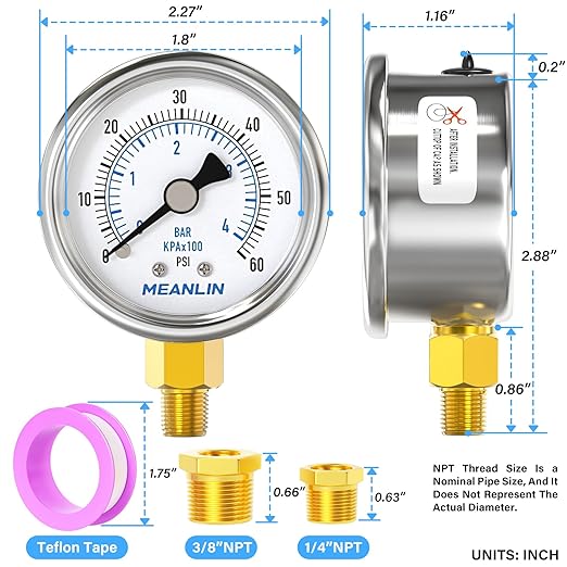MEANLIN MEASURE 0~60Psi Dry Pressure Gauge Stainless Steel 1/8" NPT 2" FACE DIAL Waterproof for Pool Filter Pump Oil Air Compressor Tire Pressure Tester Lower Mount with 1/4" NPT and 3/8" NPT Hex Bush