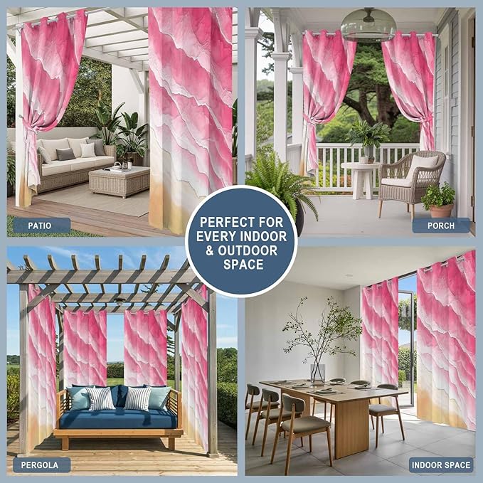 Ocean Outdoor Curtains for Patio Beach Waves Watercolor Abstract Gradient Pink Waterproof Outside Curtains with Grommet Top Weatherproof Curtain for Cabana Pergola Gazebo, 1 Panel, 54" W x 95" L