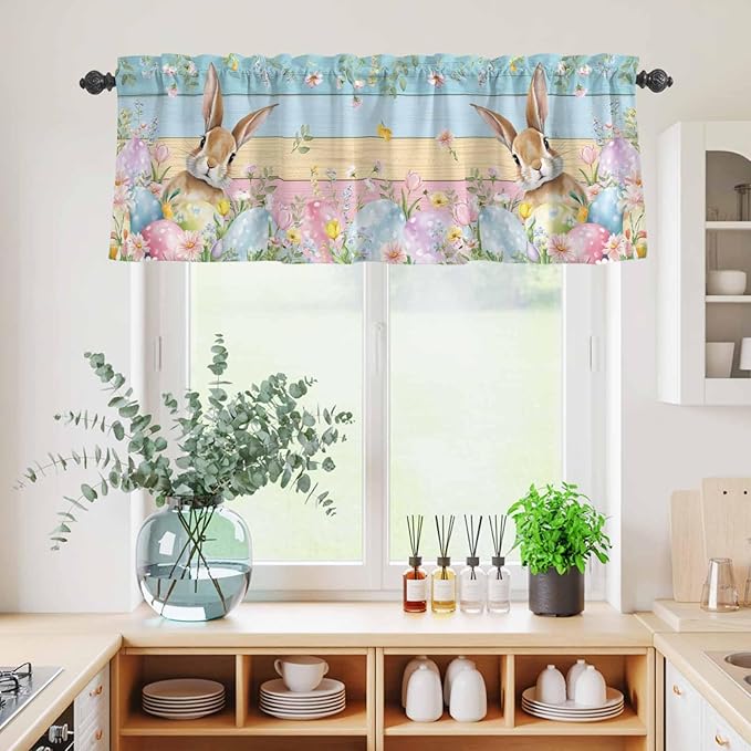 Kitchen Curtains Tiers and Valance Set of 3, Easter Light Filtering Window Curtain Set, Spring Rabbit Eggs Floral Colorful Wooden Grain Rod Pocket Curtain Drapes for Cafe, Living Room, 24 Inches Tiers