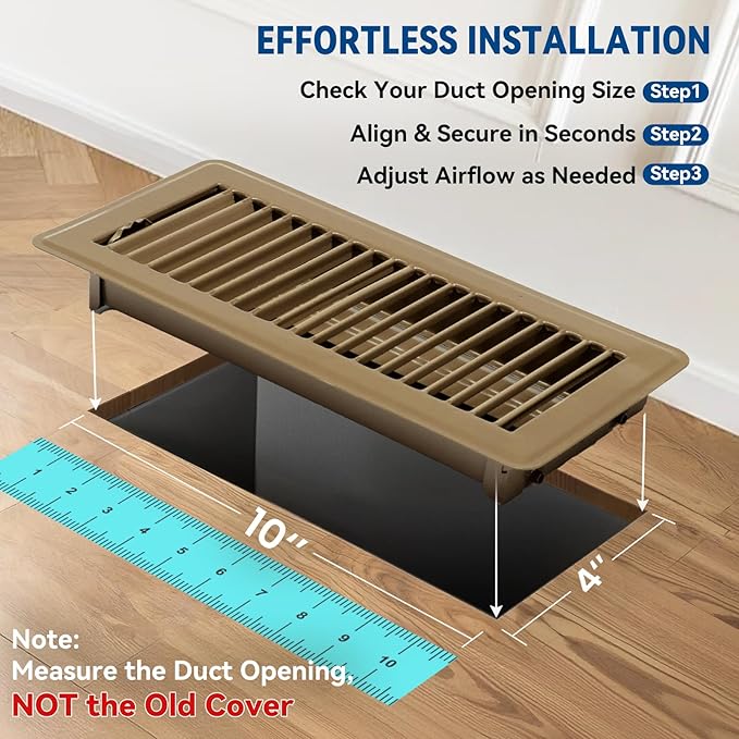 4" x 10" Floor Register Vent Covers 10-Pack, Walkable Powder-Coated Metal Vent Covers with Adjustable Airflow, Curved Safe Edges for Floor/Wall, Brown