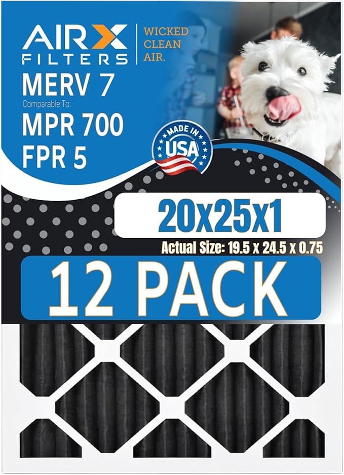 20x25x1 Air Filter MERV 7 Rating, 12 Pack of Furnace Filters Comparable to MPR 700, FPR 5, Pet Odor Retention Filters - Made in USA by AIRX FILTERS WICKED CLEAN AIR.