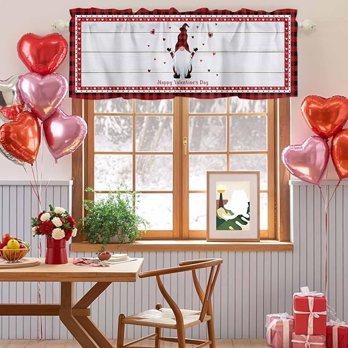Valentine's Day Valance Curtains for Kitchen, Gnome Red Love Plaid Wood Grain Privacy Rod Pocket Valance Curtain, Light-Filtering Window Treatment for Bedroom Bathroom, 60"x18"
