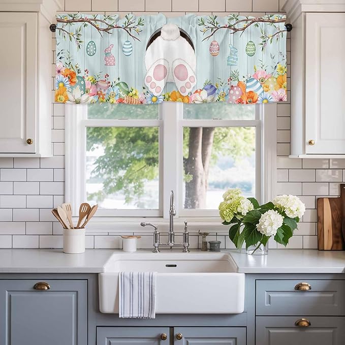 Easter Bunny Curtain Valances for Windows, Kitchen Valance Window Treatment, Easter Eggs Spring Farmhouse Wood Grain Teal Blue Light Filter Block Curtains for Bathroom/Bedroom/Living Room 54'' x 18''
