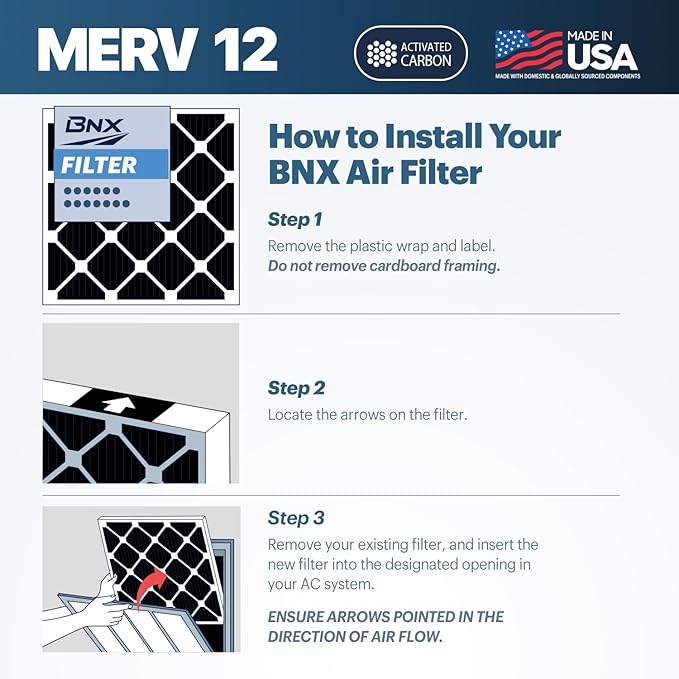 BNX TruFilter 14x24x1 MERV 12 Odor Defense (4-Pack) AC Furnace Air Filter with Activated Carbon - MADE IN USA - Pleated Air Conditioner HVAC AC Furnace Filters - Removes Odor, Mold, Bacteria, Smoke