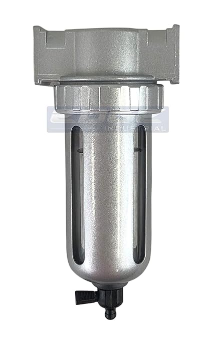 MID FLOW PARTICULATE FILTER/WATER TRAP FOR AIR COMPRESSOR COMPRESSED AIR LINES, 5u WITH POLY BOWL AND METAL BOWL GUARD (1/4" NPT)