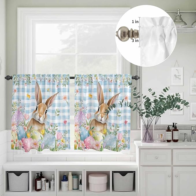 Kitchen Curtains Tiers and Valance Set of 3, Easter Light Filtering Window Curtain Set, Spring Rabbit Eggs Seasonal Flowers Blue Lattice Rod Pocket Curtain Drapes for Living Room, 24 Inches Tiers