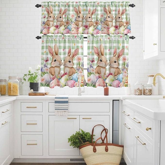 Easter Kitchen Curtains Set 3 Piece for Windows, Rod Pocket Valance and Tier Set 24 Inch Length, Spring Rabbit Eggs Flower Butterfly Green Plaid Light Filtering Cafe Curtains for Living Room Bathroom