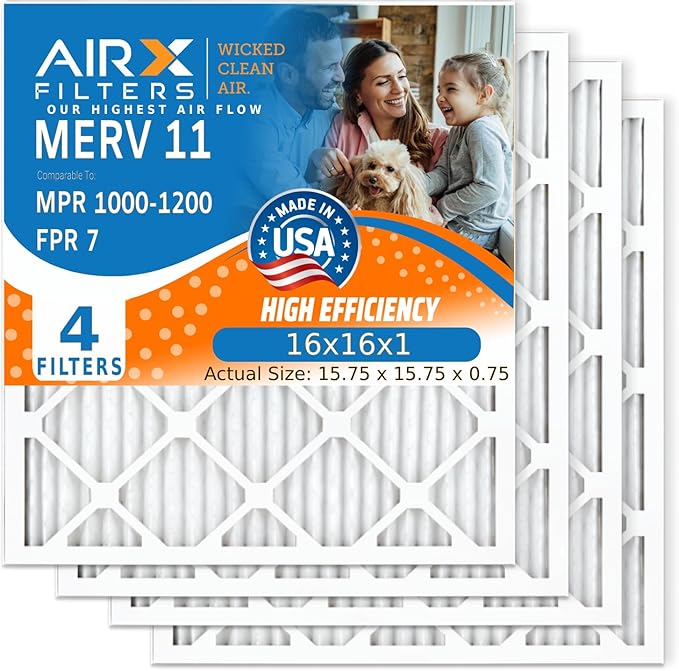 AIRX FILTERS WICKED CLEAN AIR. 16x16x1 Air Filter MERV 11 Electrostatic Pleated Air Conditioner Filter 4 Pack HVAC AC Furnace Filters