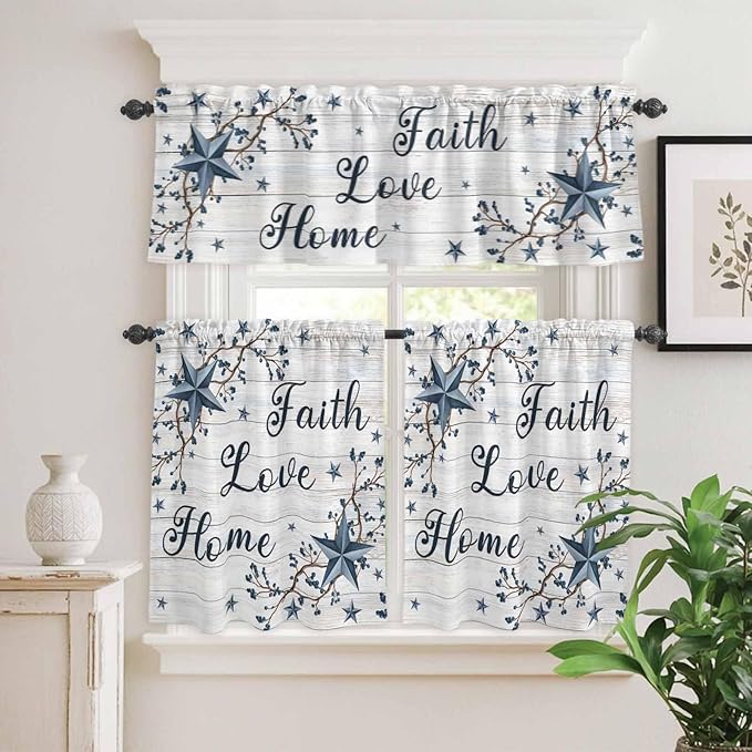 Kitchen Curtains Tiers and Valance Set of 3, Farmhouse Light Filtering Window Curtain Set, Blue Country Texas Star Vintage Berries Wooden Rod Pocket Curtain Drapes for Living Room, 24 Inches Tiers