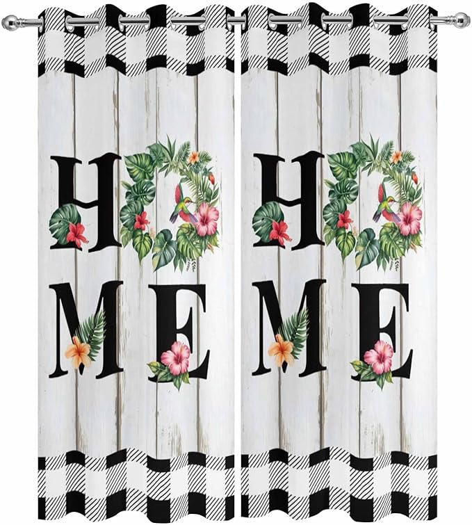 Summer Outdoor Curtains for Patio Leaves Garland Plumeria Wood Buffalo Plaid Waterproof Outside Curtains with Grommet Top Weatherproof Curtain for Cabana Pergola Gazebo, 2 Pack, 54" W x 84" L