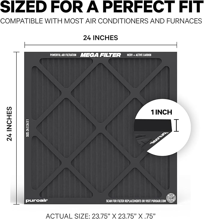 PuroAir MegaFilter - 24x24x1 Air Filter MERV 13 Activated CarbonTech Defense - Heavy Duty 3 Layer Furnace Filters Allergens, Pollen, Dust, Pet Dander, Smoke, Odors - HVAC Air Filter 24x24x1 (4-Pack)