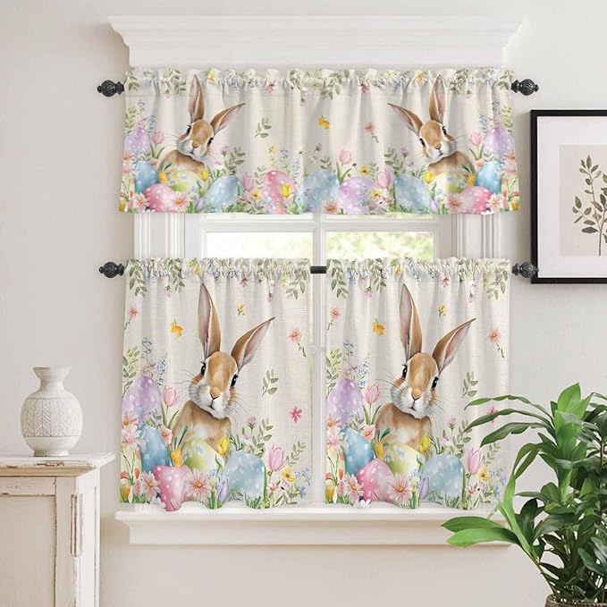 Kitchen Curtains Tiers and Valance Set of 3, Easter Light Filtering Window Curtain Set, Vintage Spring Bunny Eggs Farmhouse Floral Leaves Rod Pocket Curtain Drapes for Living Room, 24 Inches Tiers