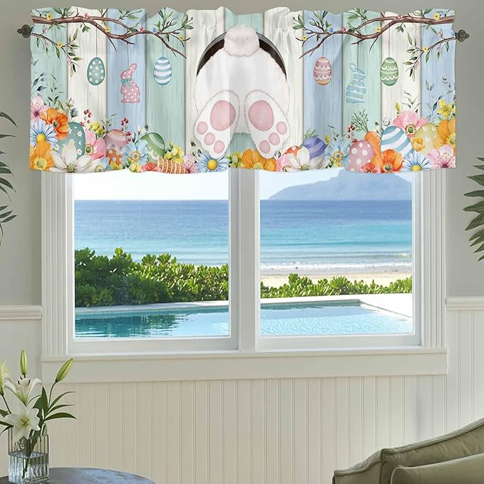 Easter Curtain Valances for Windows, Kitchen Valance Window Treatment, Spring Watercolor Bunny Eggs Wood Grain Teal Blue Light Filtering Block Curtains for Bathroom/Bedroom/Living Room 42'' x 18''